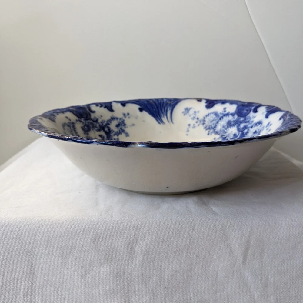 Antique Upper Hanley England Dahlia Flow Blue Floral Round Vegetable Bowl